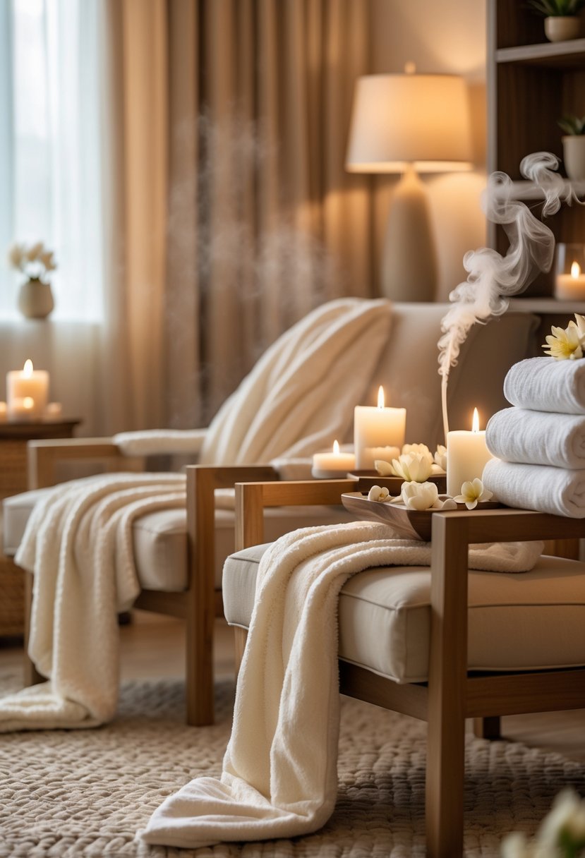 A cozy lounge area with plush robes and towels arranged for a couple's spa night at home.