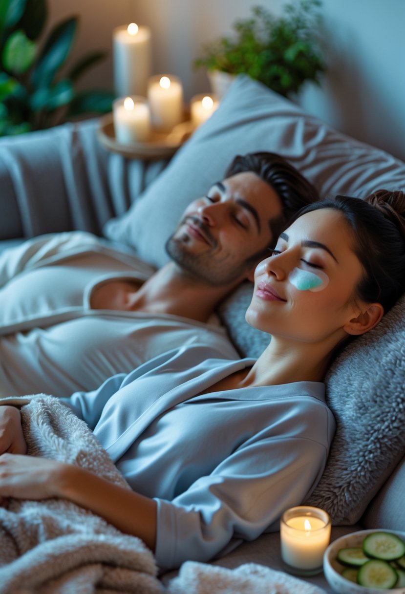 A couple relaxing at home during a spa night, with the woman applying under-eye gel patches while sitting close together.