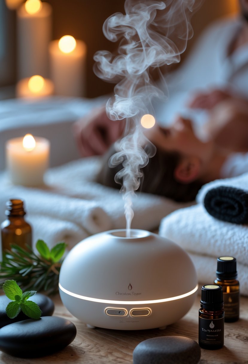 A diffuser releasing mist surrounded by spa items like candles, massage stones, and essential oils in a cozy home setting.