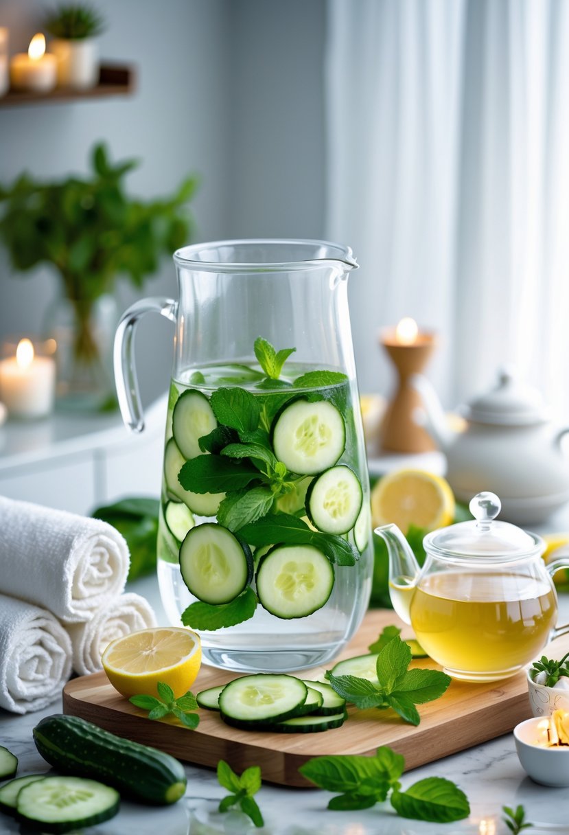 A kitchen countertop with a glass pitcher of cucumber water, fresh cucumbers, mint, lemon wedges, and a teapot with herbal tea arranged for a relaxing spa night.