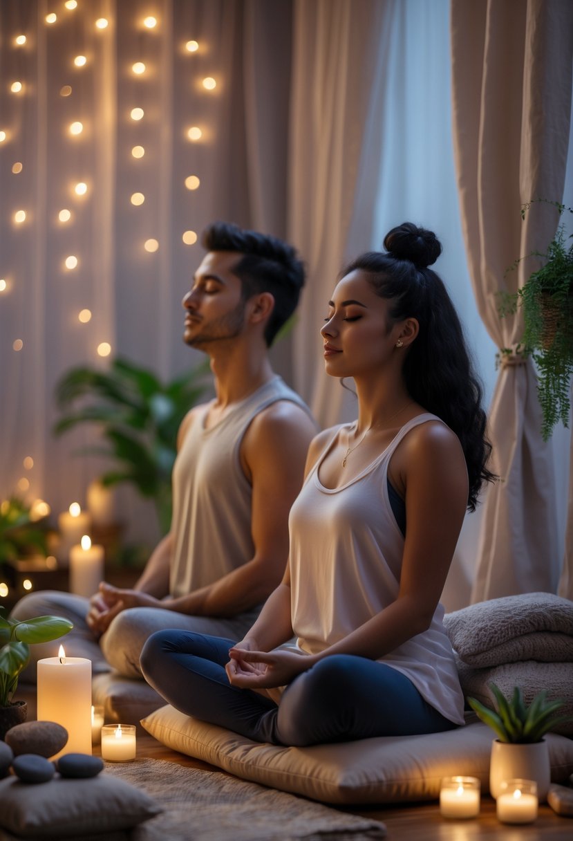 A couple sitting on cushions at home, practicing guided meditation together in a calm, candlelit room with spa accessories around them.