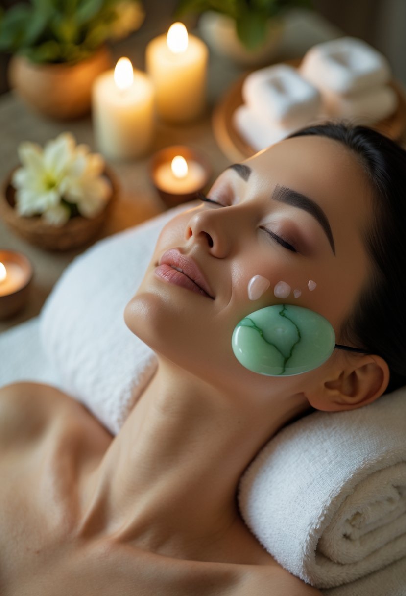 A woman gently rolling a jade roller on her face with spa items and soft lighting in the background.
