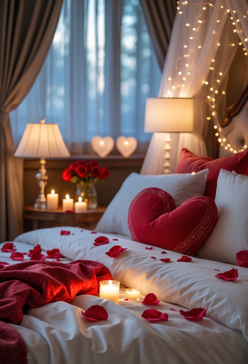 A romantic bedroom with a bed covered in white and red linens, rose petals scattered on the bed, candles lit on bedside tables, and red roses in a vase.