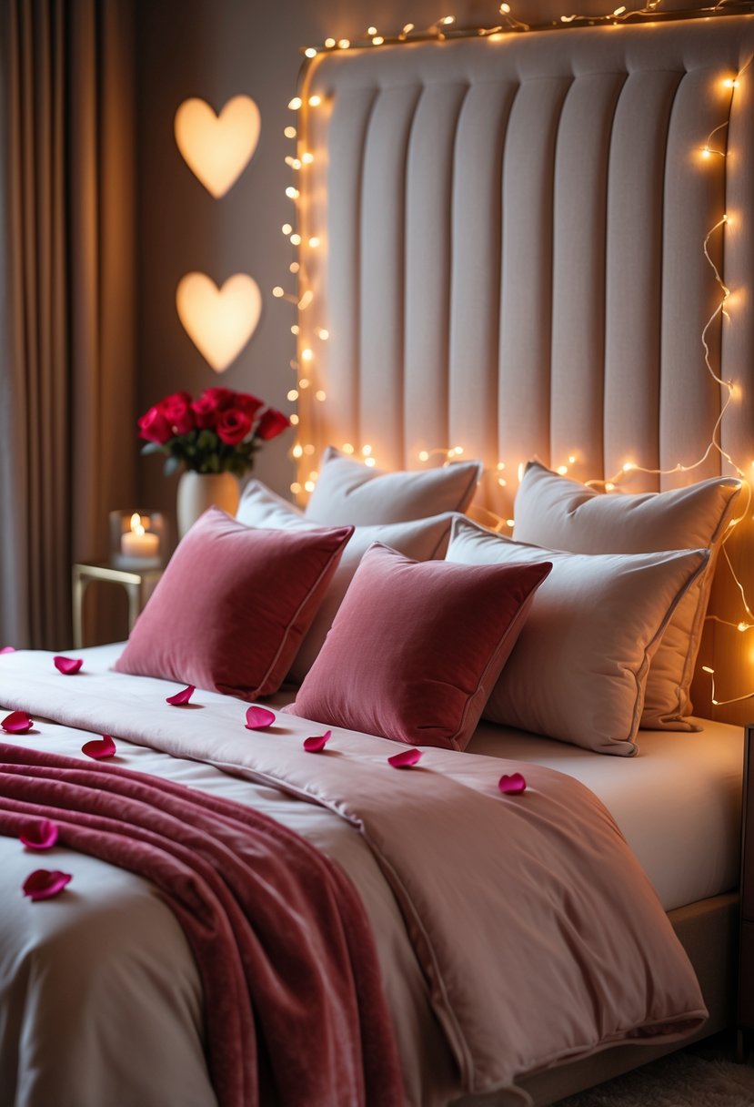 A romantic bedroom with a bed featuring a headboard wrapped in twinkling fairy lights, red pillows, rose petals on the bed, and a vase of red roses on a bedside table.