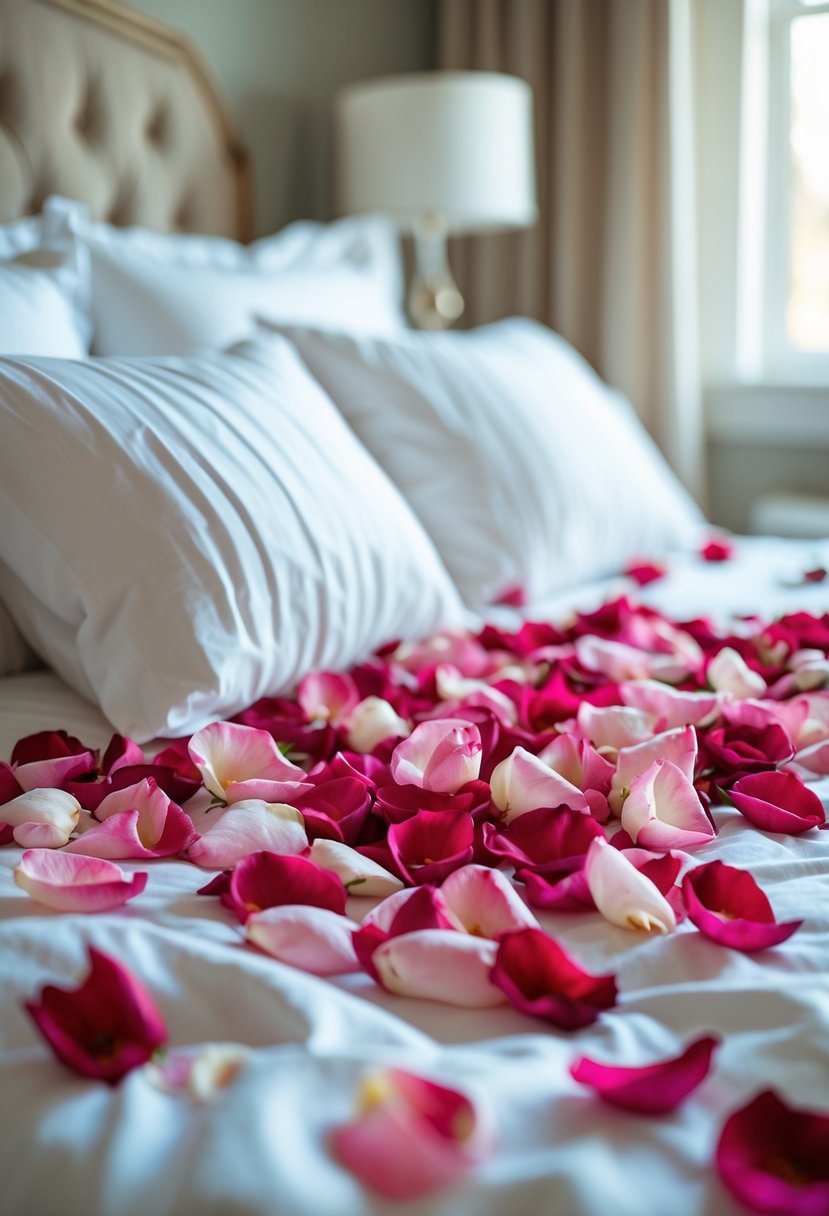 A bed with white linens scattered with fresh red and pink rose petals.