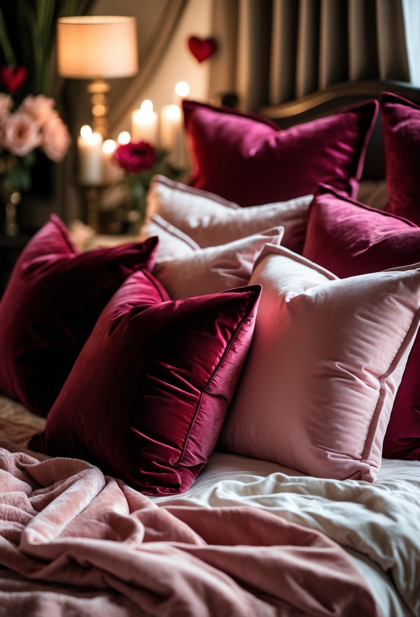 A cozy bedroom bed with soft velvet throw pillows in deep reds and pinks, surrounded by warm lighting and romantic decor.