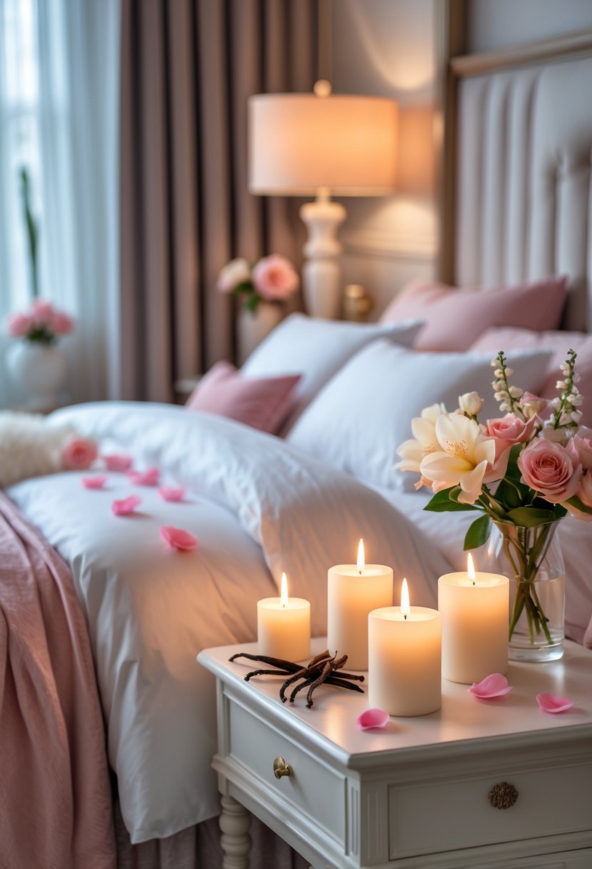 A romantic bedroom with a cozy bed, glowing scented candles, vanilla pods, jasmine flowers, and rose petals on the bed.