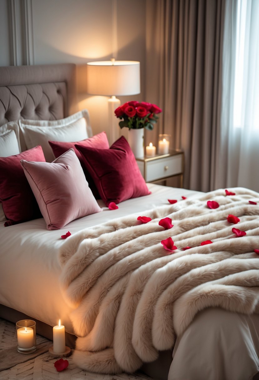 A cozy bedroom with a bed covered by a soft faux fur throw blanket, decorated with pillows, rose petals, and candles creating a romantic atmosphere.