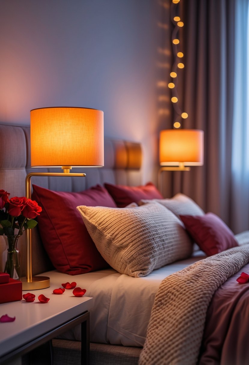 A cozy bedroom with dimmed warm LED bedside lamps glowing softly beside a neatly made bed decorated with rose petals and a vase of red roses.