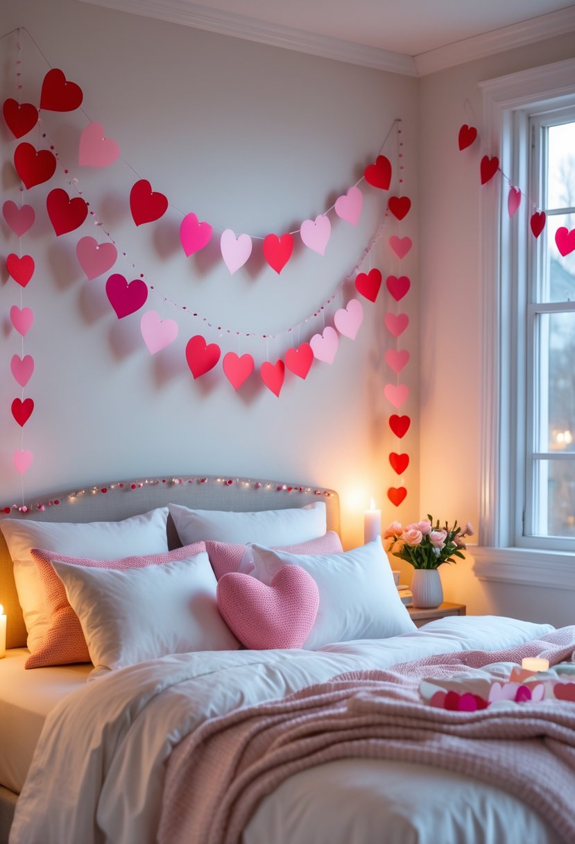 A bedroom with paper heart garlands hanging above the bed, decorated for Valentine's Day.