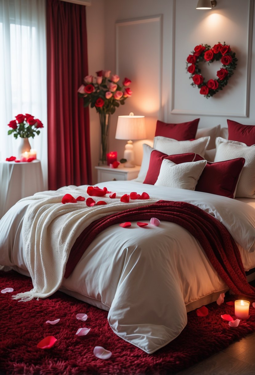 A romantic bedroom with a plush red area rug, a neatly made bed with red and white linens, soft lighting, candles, and rose petals.