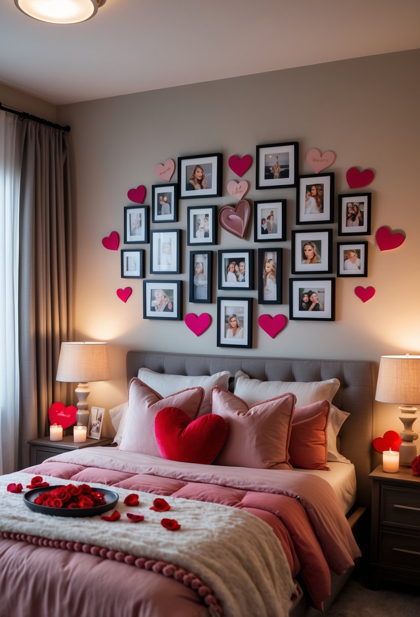 A romantic bedroom with a personalized photo collage wall above the bed, soft pillows, rose petals, and warm lighting.