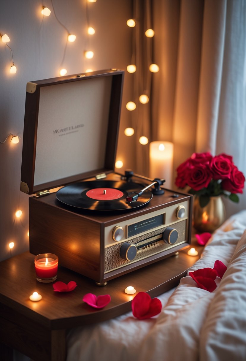 A cozy bedroom with a vintage record player on a wooden table, surrounded by rose petals and warm ambient lighting.