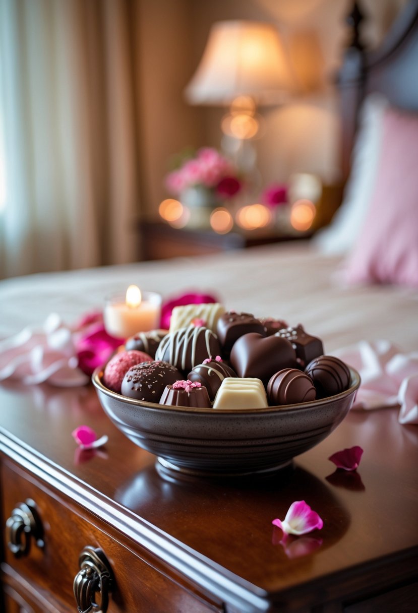 A bowl of assorted gourmet chocolates on a wooden dresser in a softly lit bedroom.