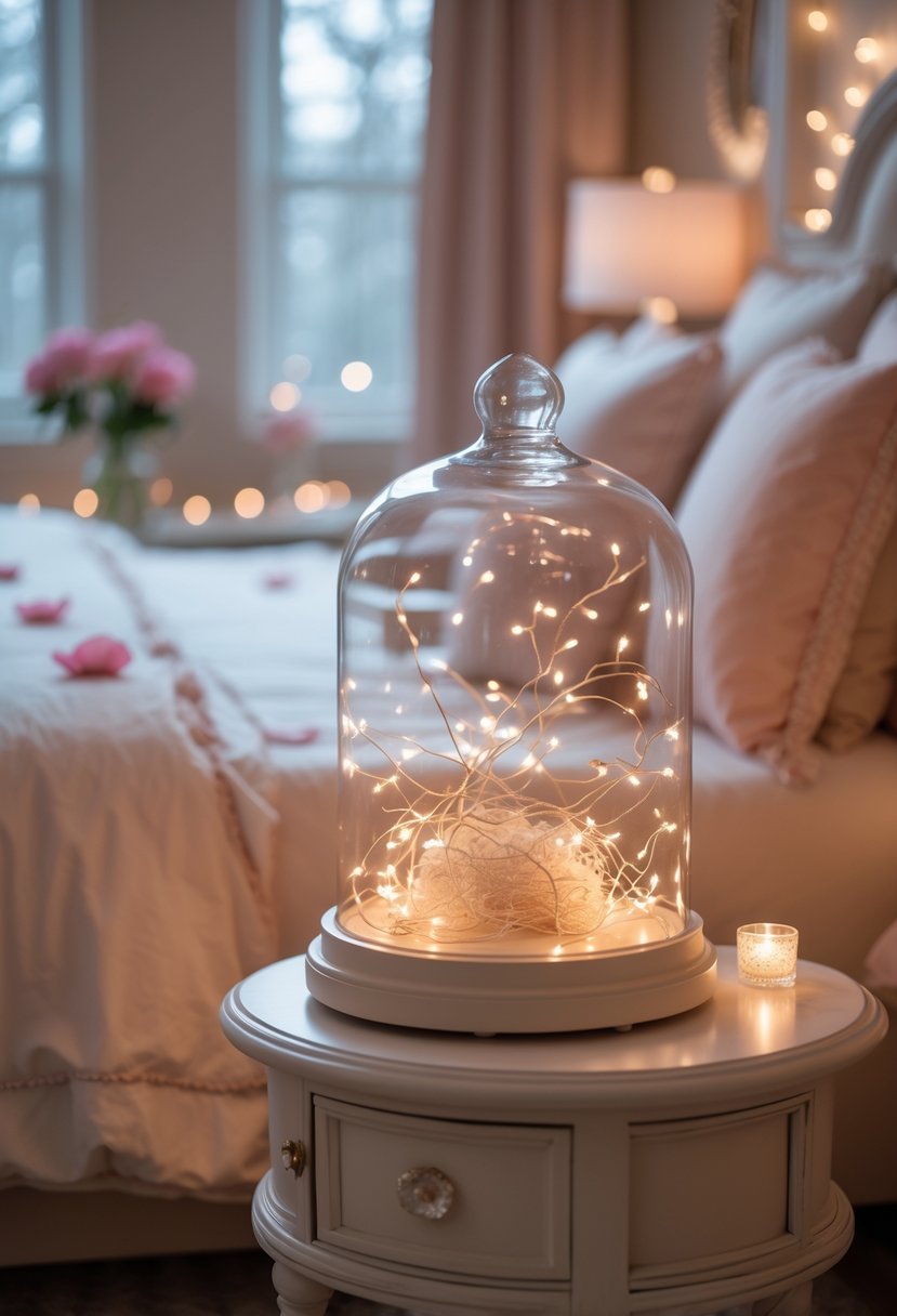 A glass cloche with glowing fairy lights inside on a bedside table in a softly lit romantic bedroom.