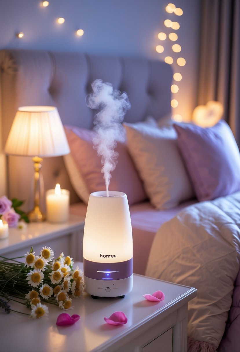 A romantic bedroom with a chamomile and lavender essential oil diffuser on a bedside table, soft lighting, rose petals on the bed, and candles creating a warm atmosphere.