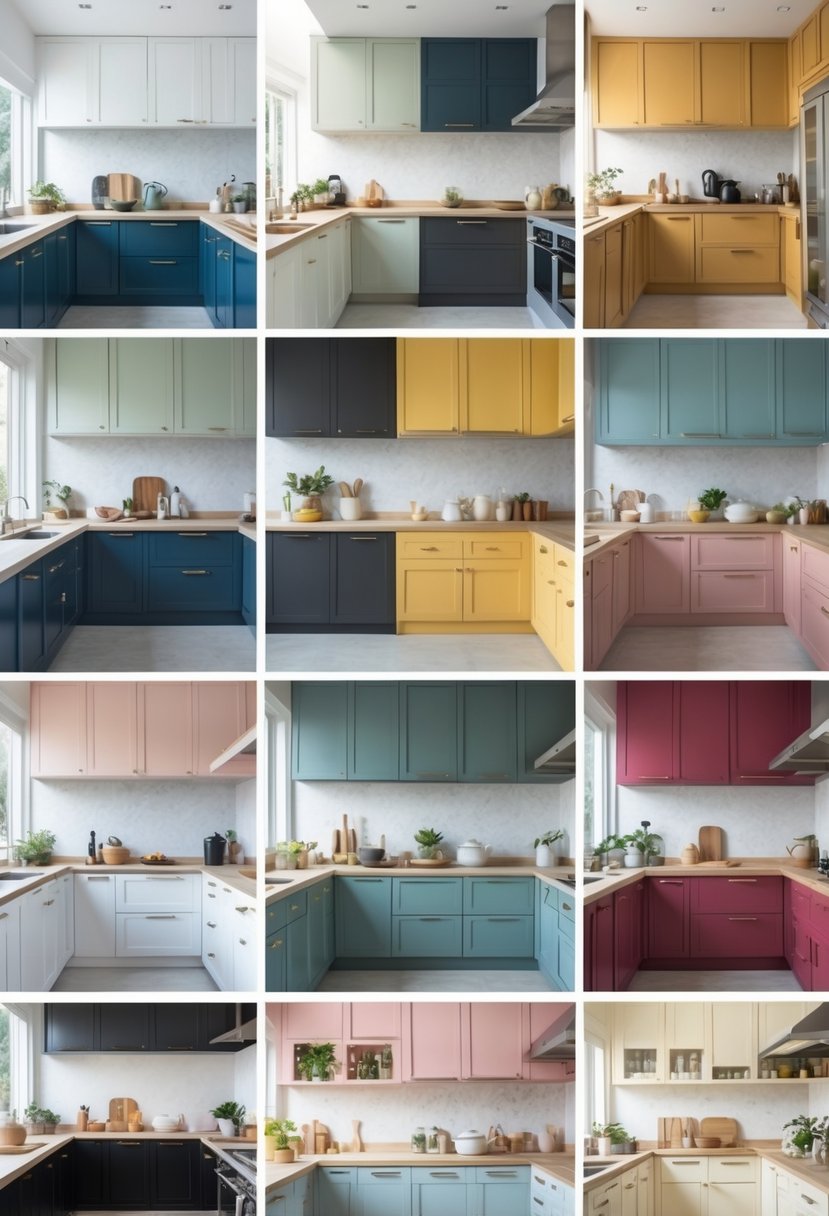 v2 189ah6 jvits A collection of kitchens displaying more than a dozen different cabinet colors with matching countertops and accessories.