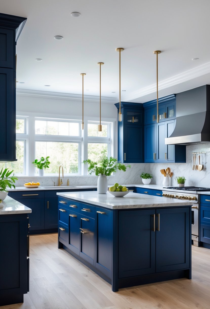 v2 189ahy qgtzr A modern kitchen with a bold midnight blue island and matching cabinets, light wood flooring, and stainless steel appliances.