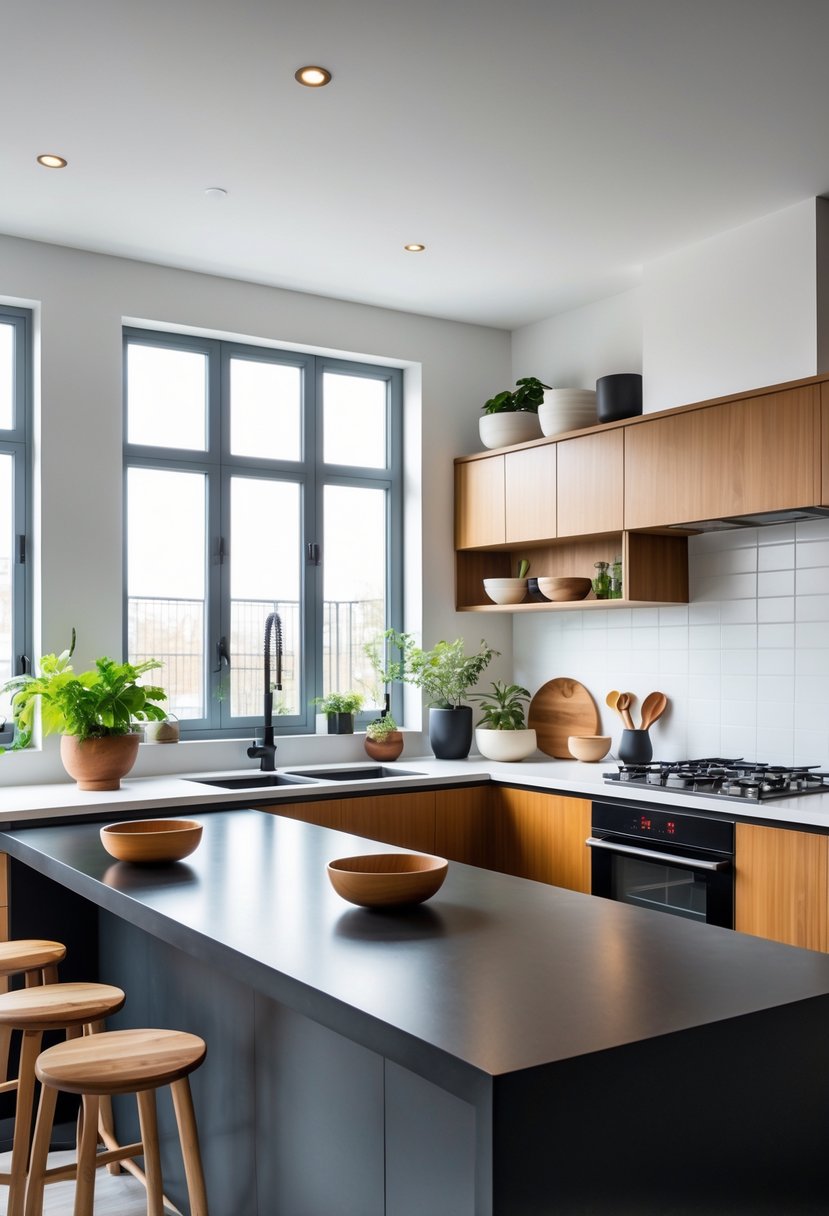 v2 189aj1 yzkl9 A bright kitchen with matte black countertops, white cabinets, wooden accents, and colorful kitchen accessories.