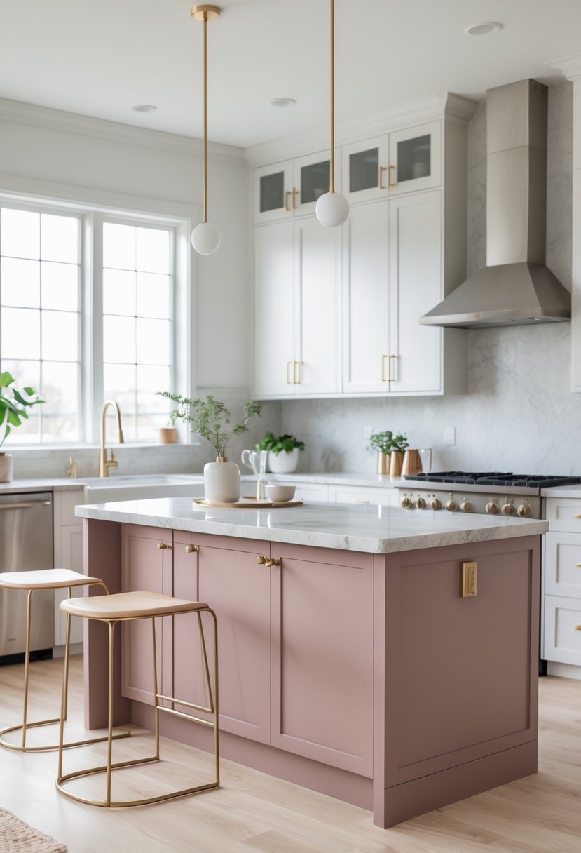 v2 189aju A modern kitchen with a dusty rose colored island, light hardwood floors, white cabinets, and natural light from large windows.