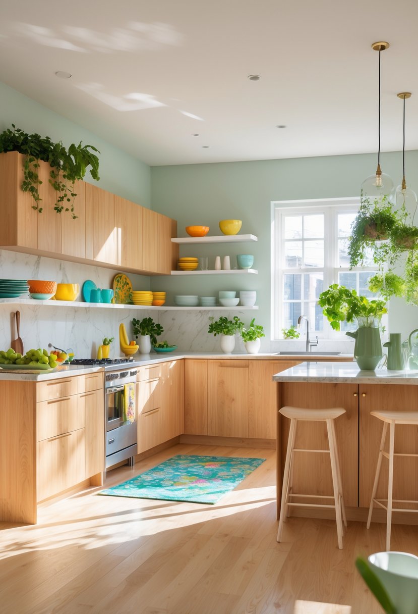 v2 189ak7 bhj1c A bright kitchen with natural oak cabinets, a central island, and colorful decorative accents.