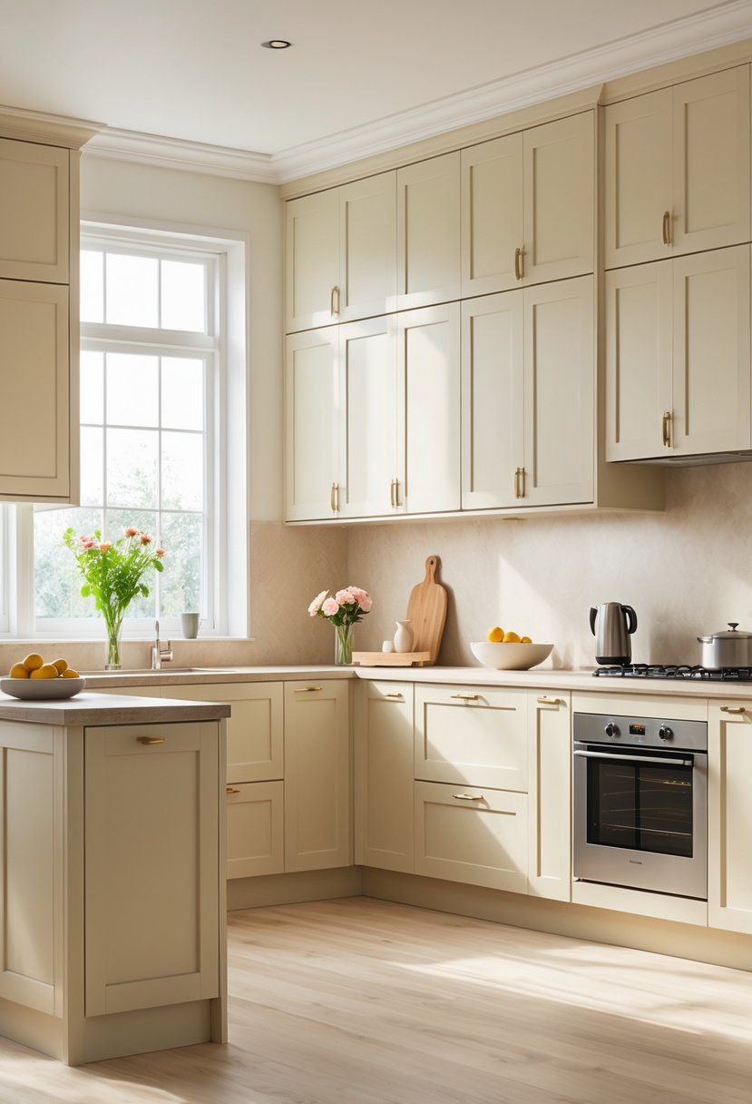 v2 189al9 yohec A bright kitchen with creamy beige cabinets, a kitchen island, stainless steel appliances, and light wooden flooring.