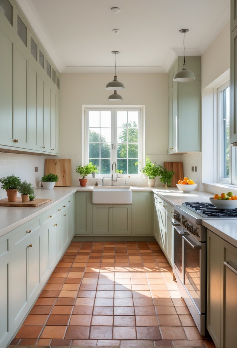 v2 189all fcnb6 A bright kitchen with terracotta floor tiles, colorful cabinets, and natural light coming through large windows.