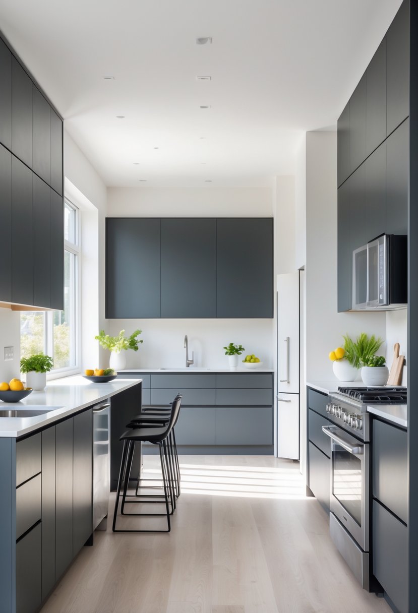 v2 189aly 46lpm A bright kitchen with charcoal grey cabinets, a light countertop, a kitchen island with bar stools, and natural light coming through large windows.