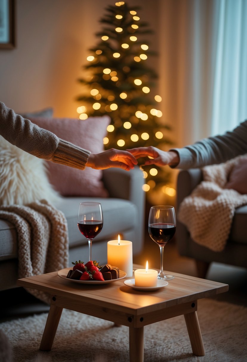 v2 18d0oi kvcad A cozy living room setup with a sofa, throw pillows, a coffee table with wine glasses, candle, and chocolates, creating a warm and romantic atmosphere.