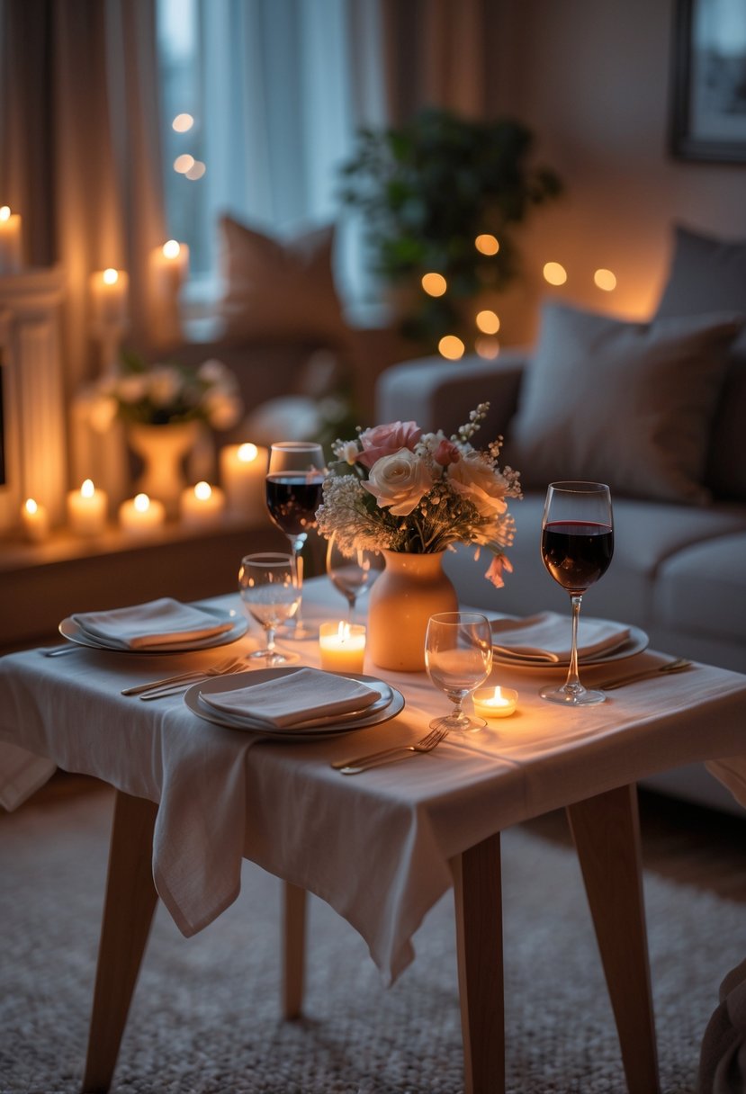 v2 18d0pj A small dining table set for a cozy romantic dinner at home with candles, wine glasses, and a floral centerpiece in a warmly lit room.