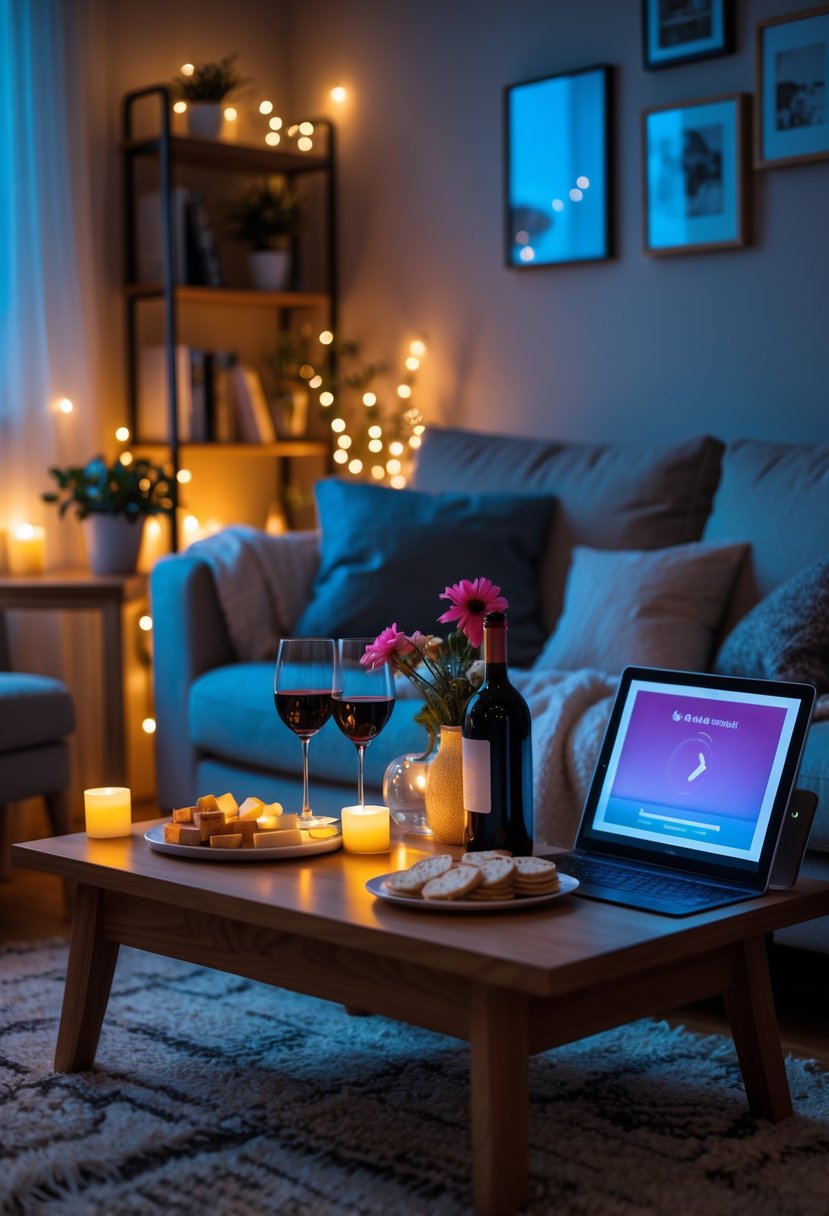 v2 18d0q7 jfm5s A cozy living room with a sofa, coffee table set with wine and snacks, soft lighting, and home decor creating a warm and inviting atmosphere for a date night.