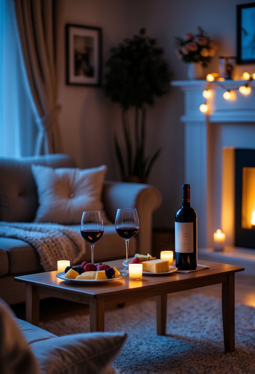 v2 18d0qv A cozy living room setup with a coffee table holding wine glasses, a bottle of wine, and a plate of cheese and fruit, surrounded by cushions and soft lighting.
