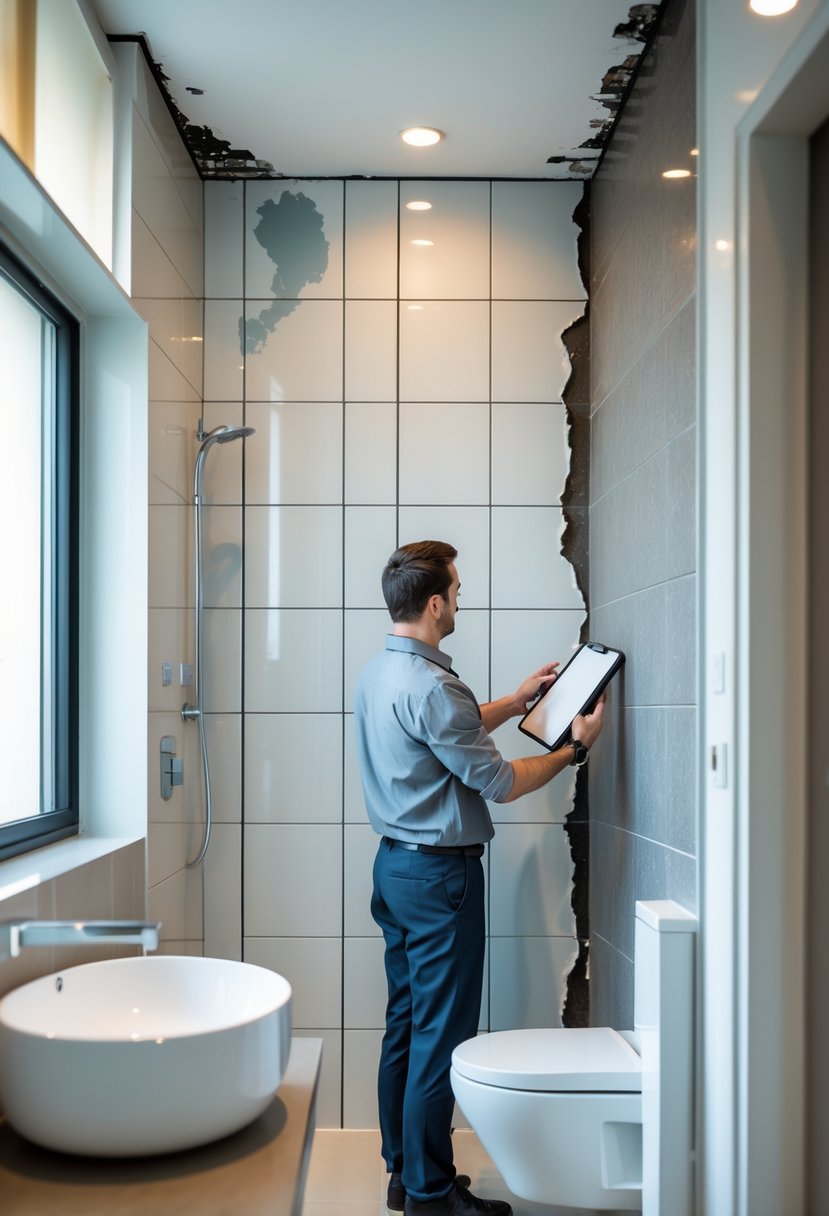 Person inspecting a damaged bathroom wall with visible water damage and mold spots in a modern bathroom.
