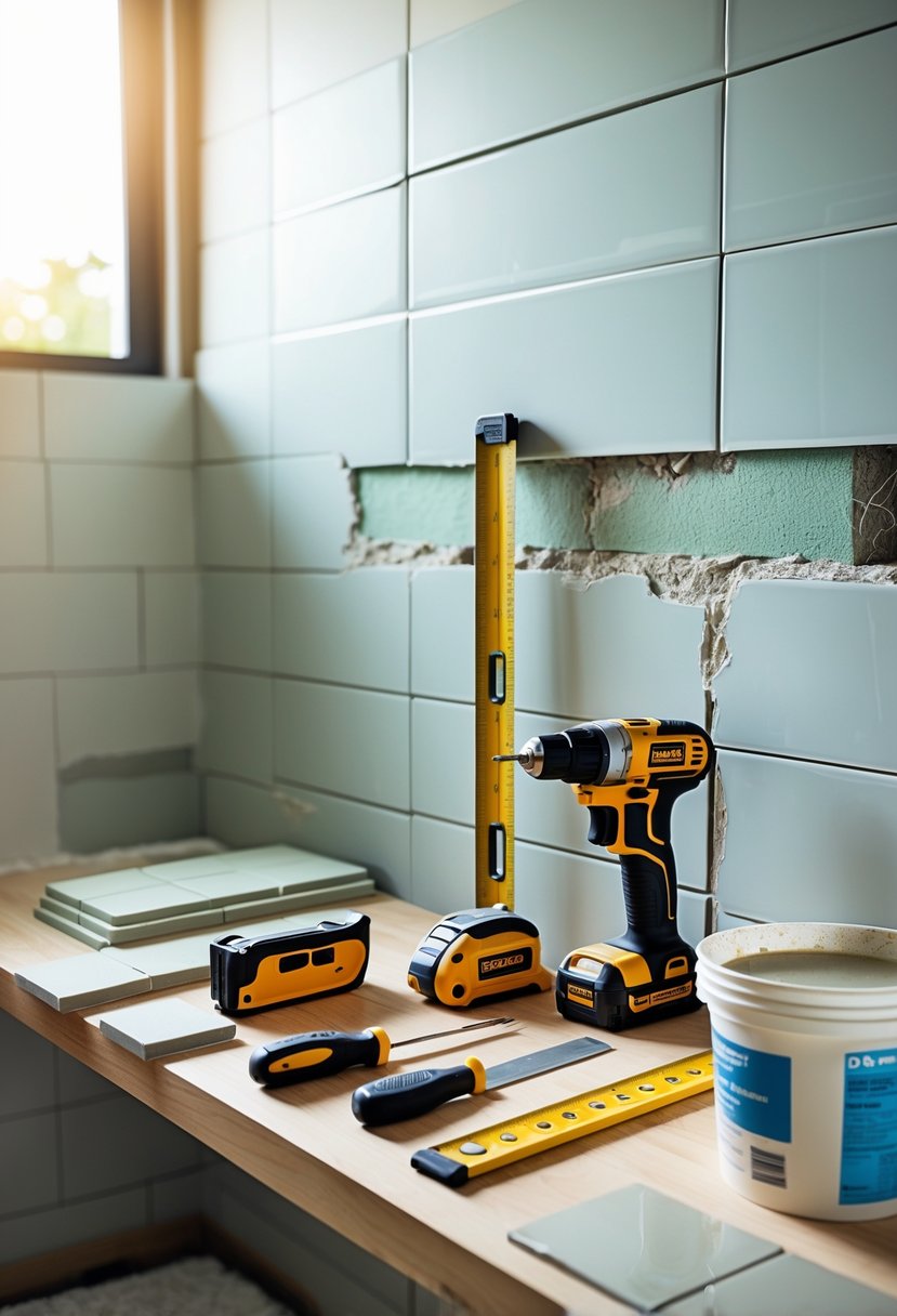 A workspace with tools and materials laid out for repairing a bathroom wall, including measuring tape, drill, tiles, and plaster near a partially tiled wall.