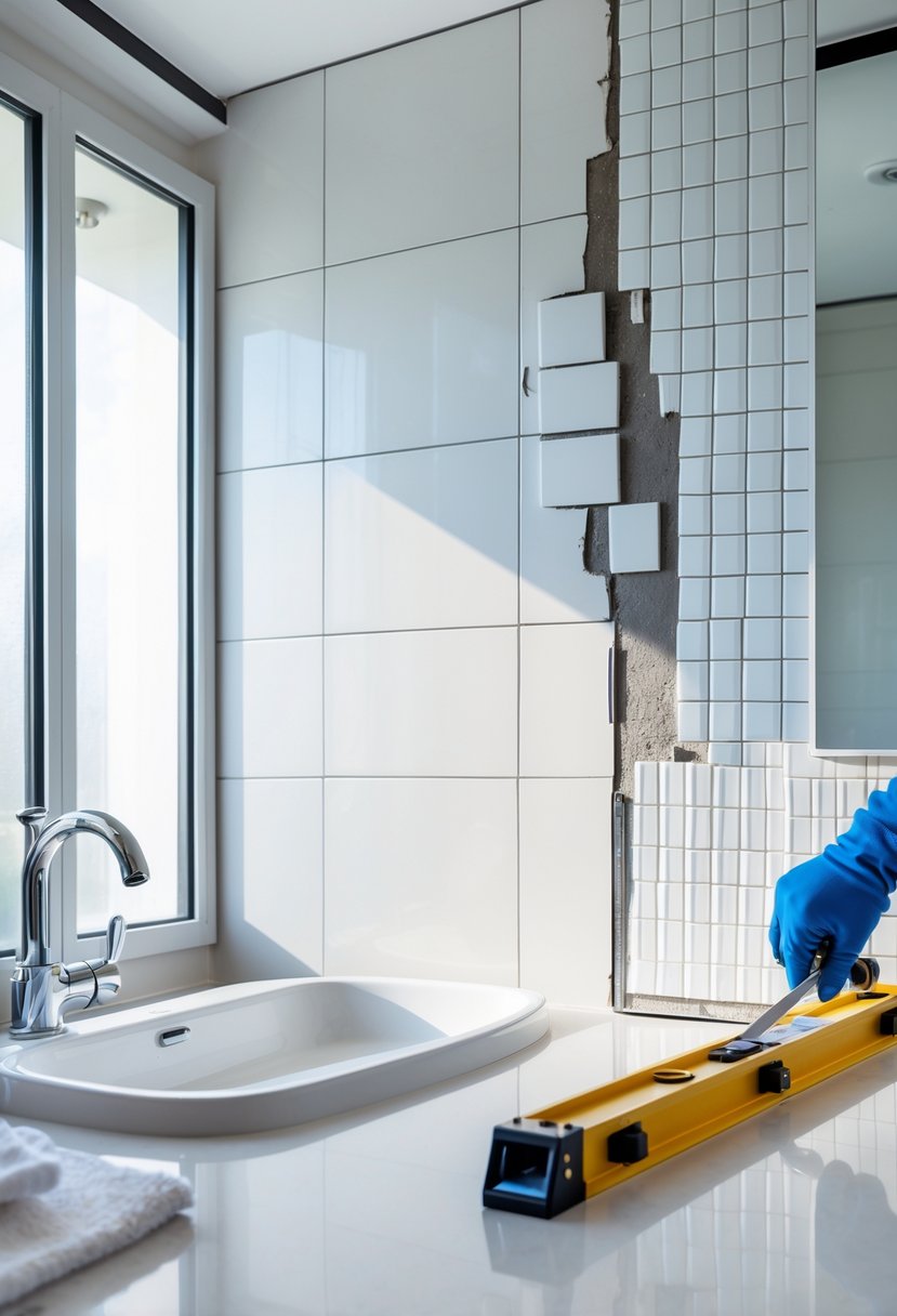 A modern bathroom with a partially repaired wall where new tiles are being installed, showing tools and a worker fixing the wall.