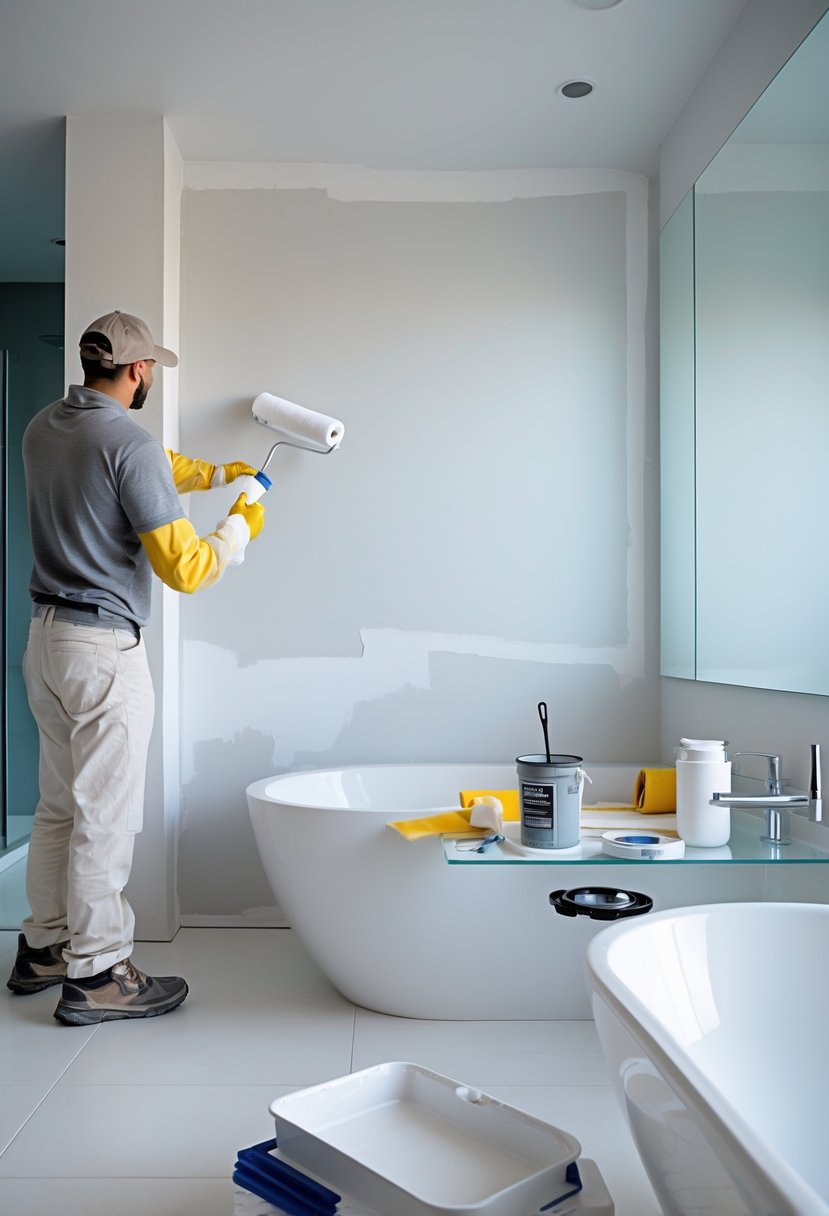 A person painting a bathroom wall white near a bathtub with painting supplies nearby.