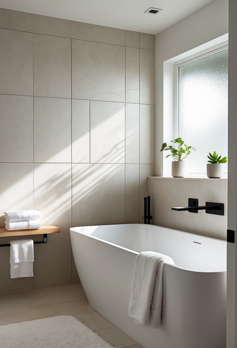 A modern bathroom with a bathtub and a newly renovated wall behind it, featuring clean tiles, a small plant, and natural light.