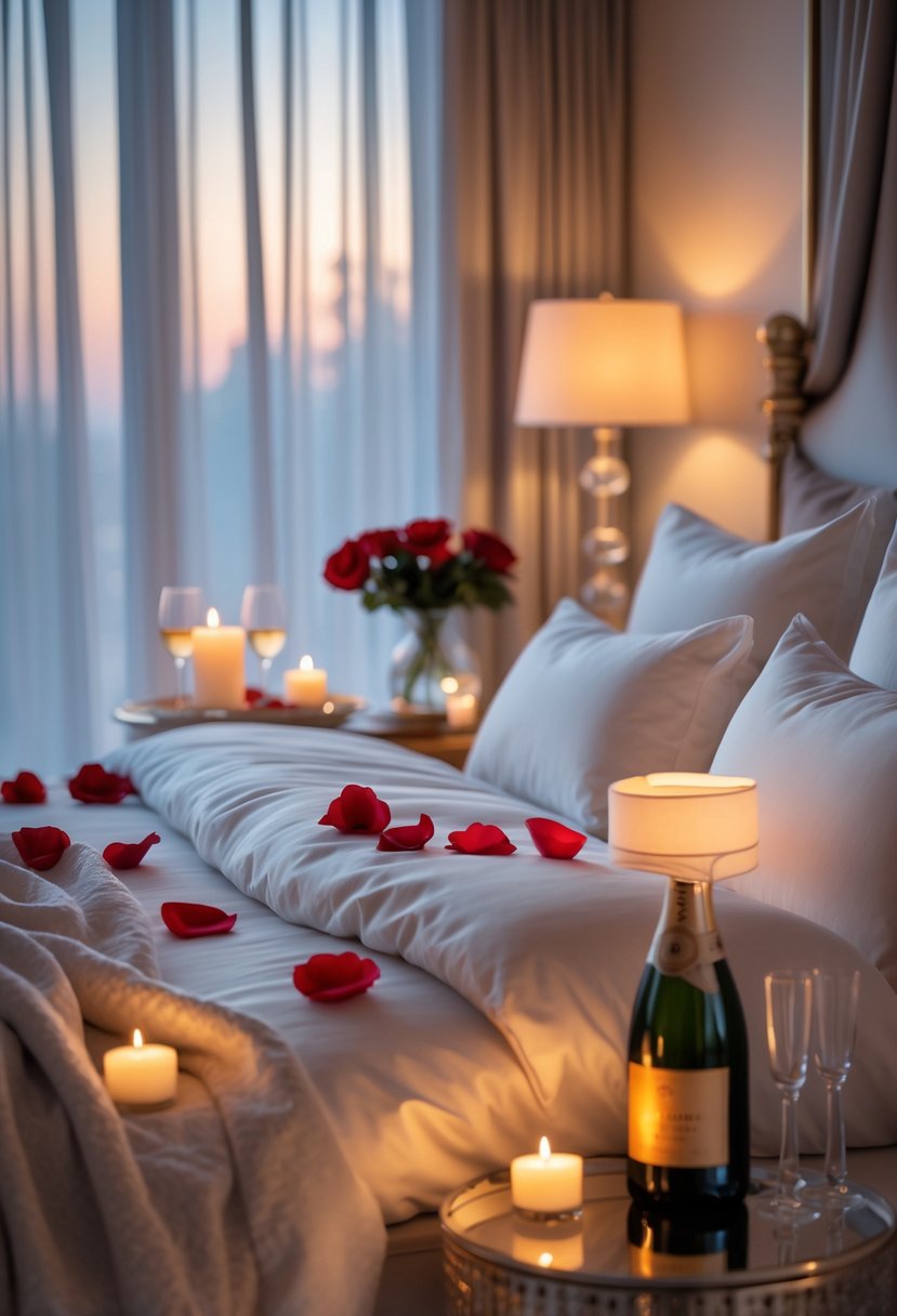 A cozy bedroom with a neatly made bed, soft lighting, rose petals on the bed, and romantic decorations.