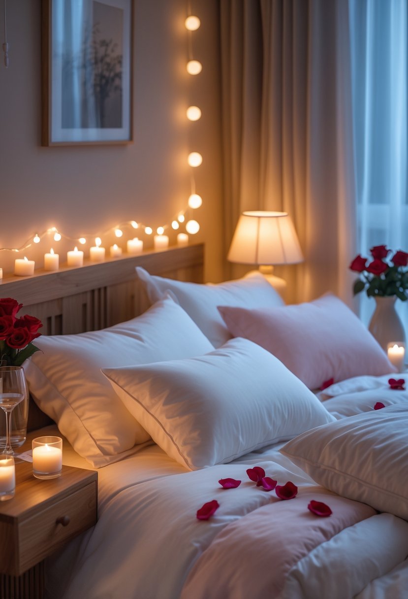 A cozy bedroom with soft warm lighting, a neatly made bed with pillows and rose petals, candles on a nightstand, and a vase of red roses creating a romantic atmosphere.
