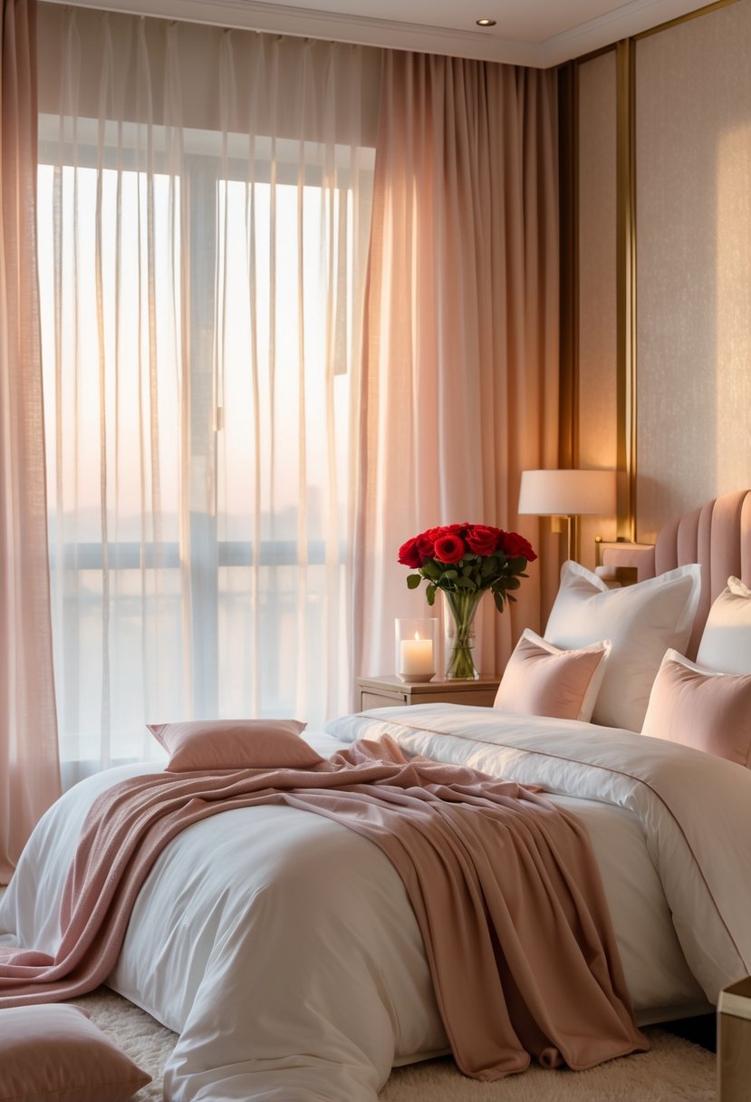 A neatly made bed in a softly lit bedroom with candles, red roses, and warm-colored decor creating a romantic atmosphere.
