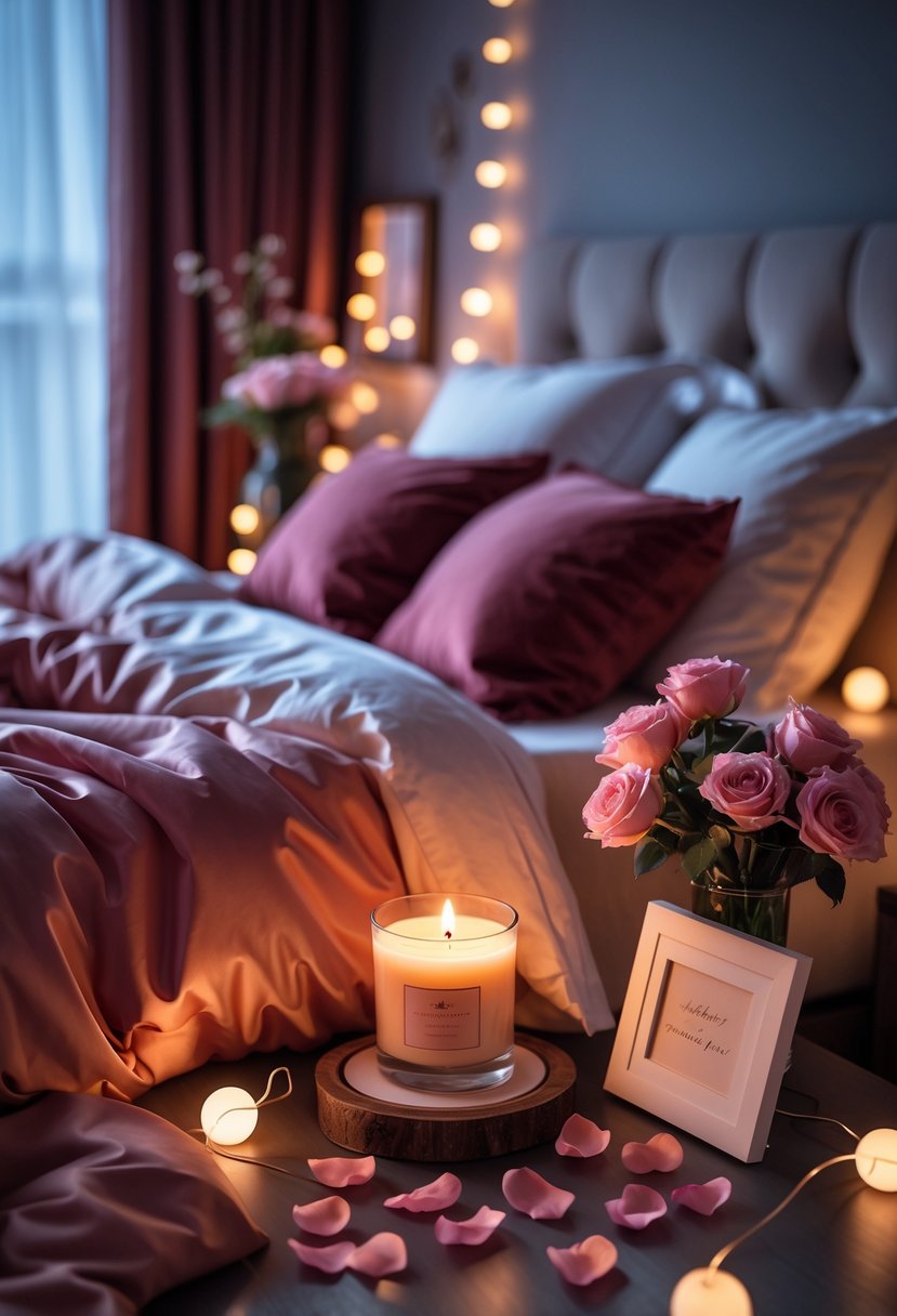 A softly lit bedroom with a made bed, scented candle, rose petals, fresh flowers, and personal items creating a romantic atmosphere.