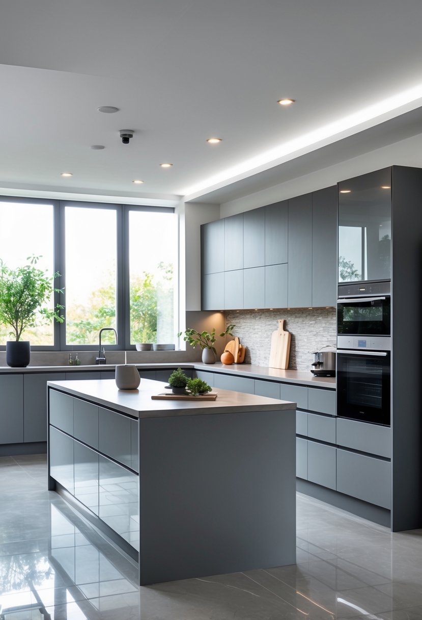 A modern kitchen with grey cabinets, a large island, stainless steel appliances, and natural light coming through windows.