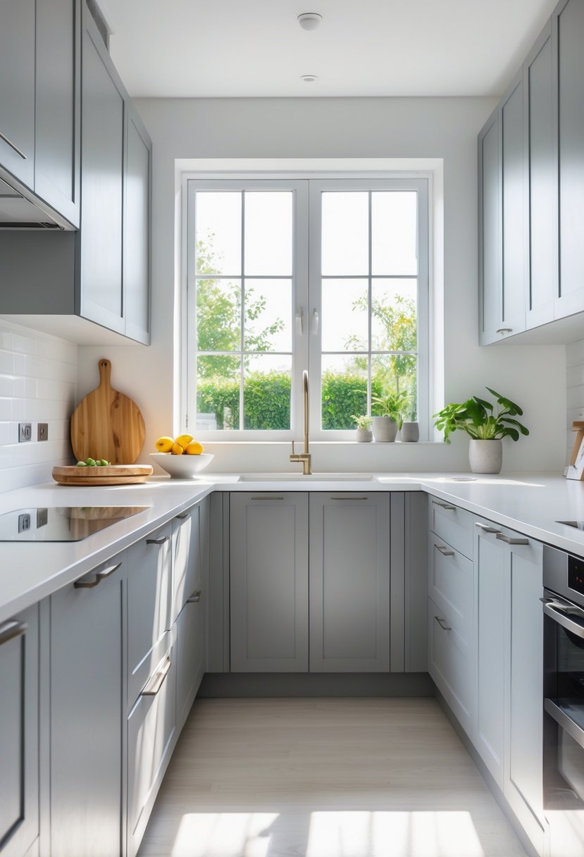 A bright kitchen with light grey cabinets and a white countertop, featuring modern fixtures and natural light.
