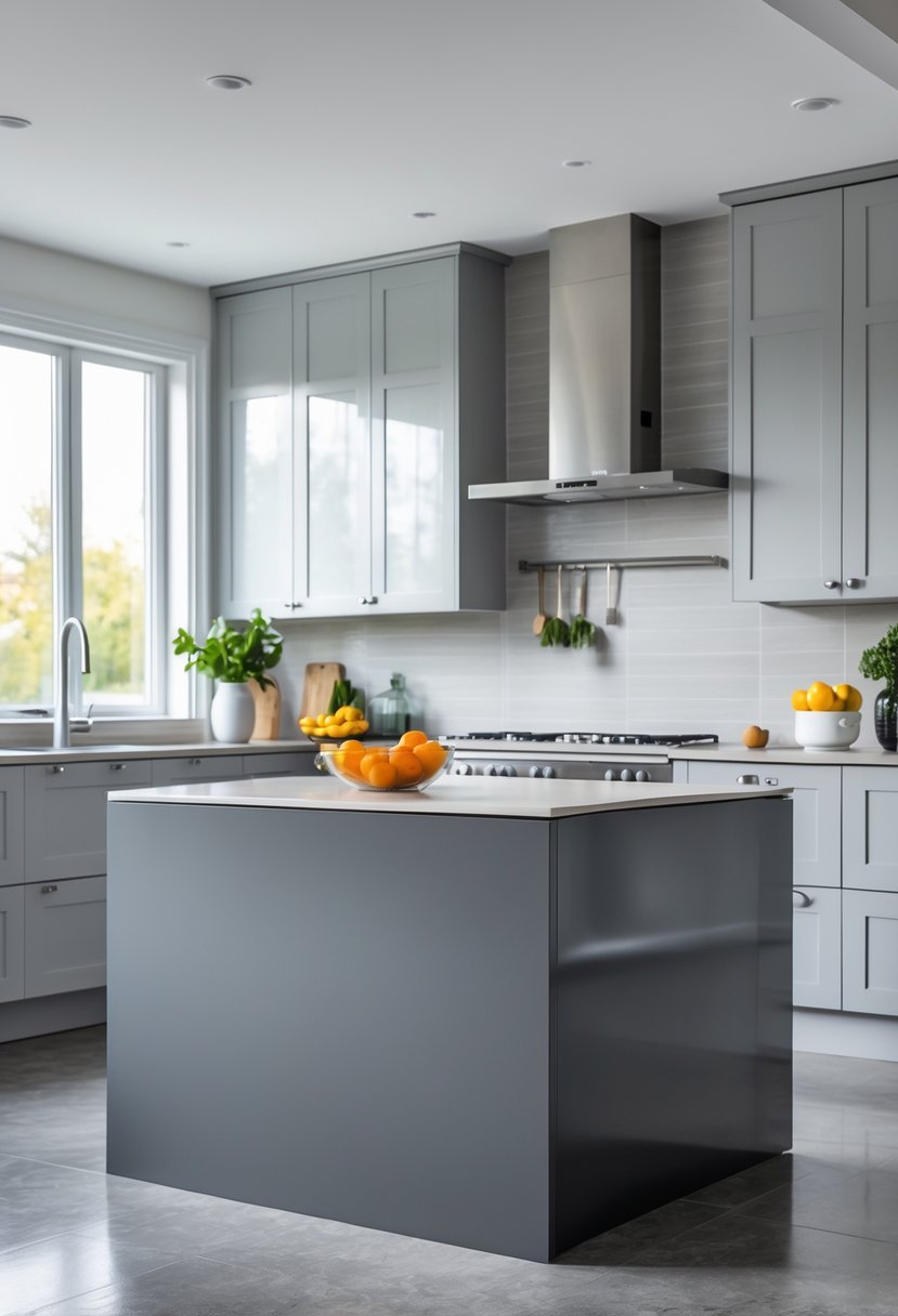 A modern kitchen with a charcoal grey kitchen island surrounded by light grey cabinets and stainless steel appliances, well-lit by natural light.