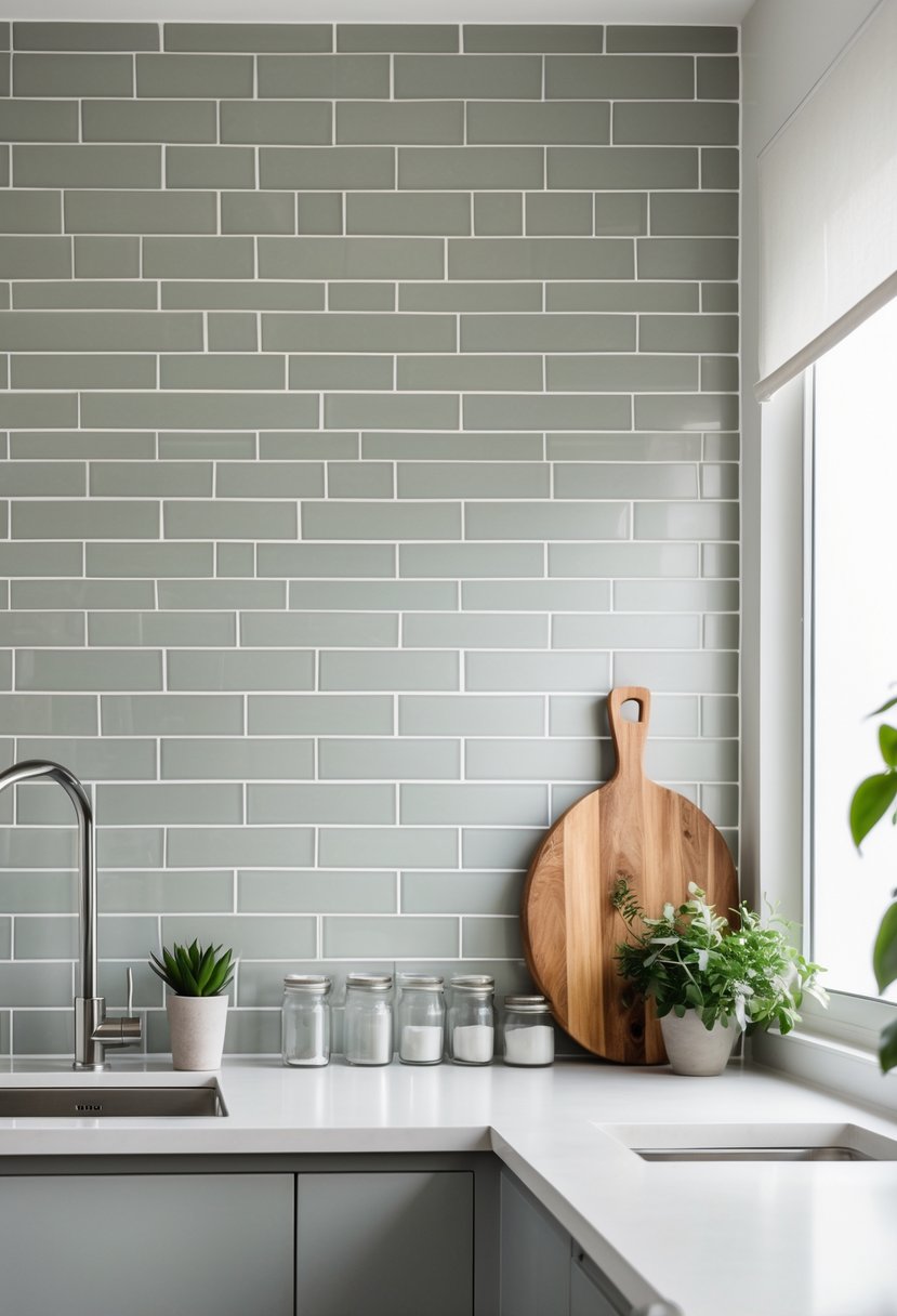 A modern kitchen with a pale grey subway tile backsplash, countertop, faucet, cutting board, and small plant.