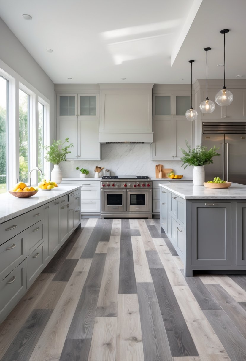 A modern kitchen with mixed grey wood flooring, white cabinets, stainless steel appliances, and a large island under natural light.