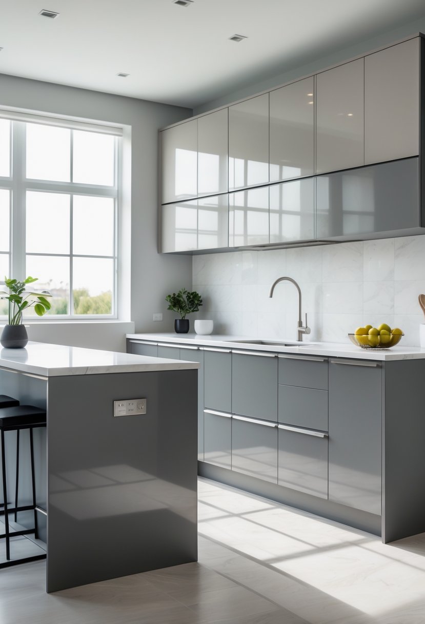 A bright kitchen with two-tone grey cabinets, a white countertop, and a kitchen island with a sink.