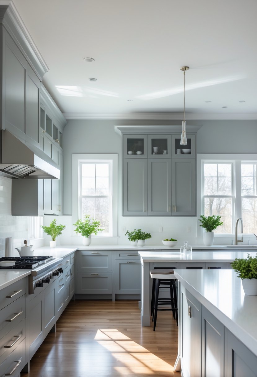 A bright kitchen with soft grey walls, white trim, grey cabinets, a central island, and stainless steel appliances.