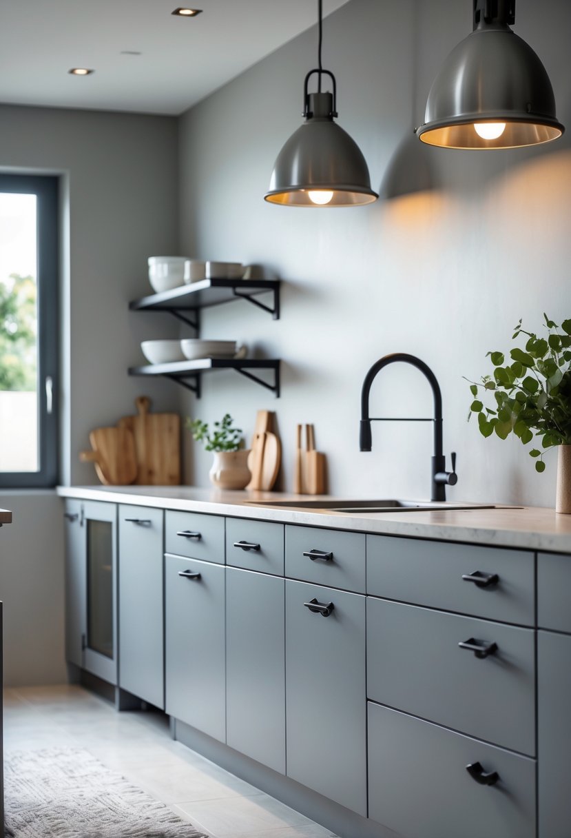 A modern kitchen with grey metal fixtures including cabinet handles and faucets, featuring grey cabinets and stainless steel appliances.