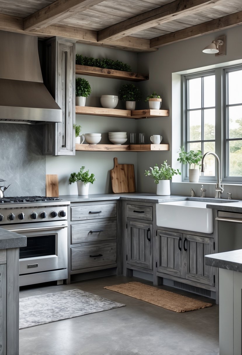 A kitchen with grey wooden cabinets, stone countertops, stainless steel appliances, and natural light coming through windows.
